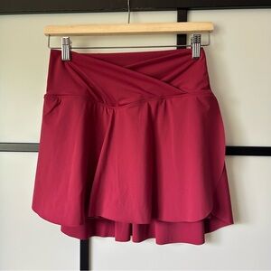 [M] Women's Berry Red Nylon Skort With Flowy Edges & Cross Front Waist Hem